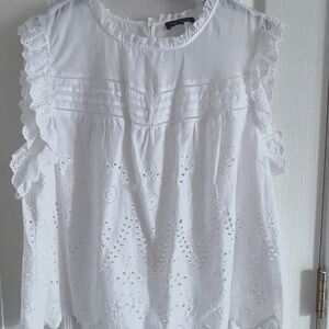 NWT I STATE/Revolve White Eyelet Ruffled Embroidered Cotton Blouse Scalloped Hem